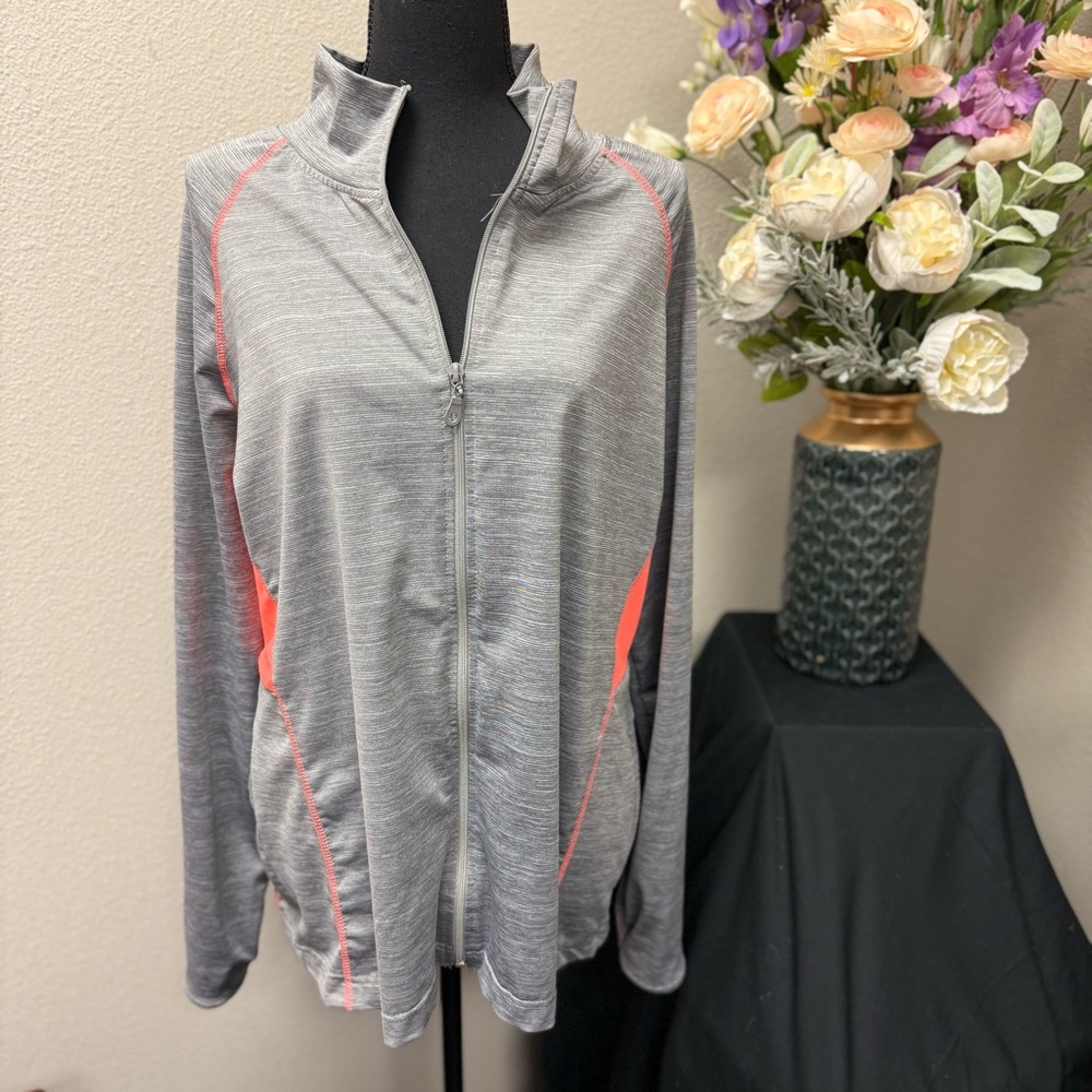 Body Instinct Plus Size 3X Gray Zip-Up Active Jacket with Neon Coral Trim